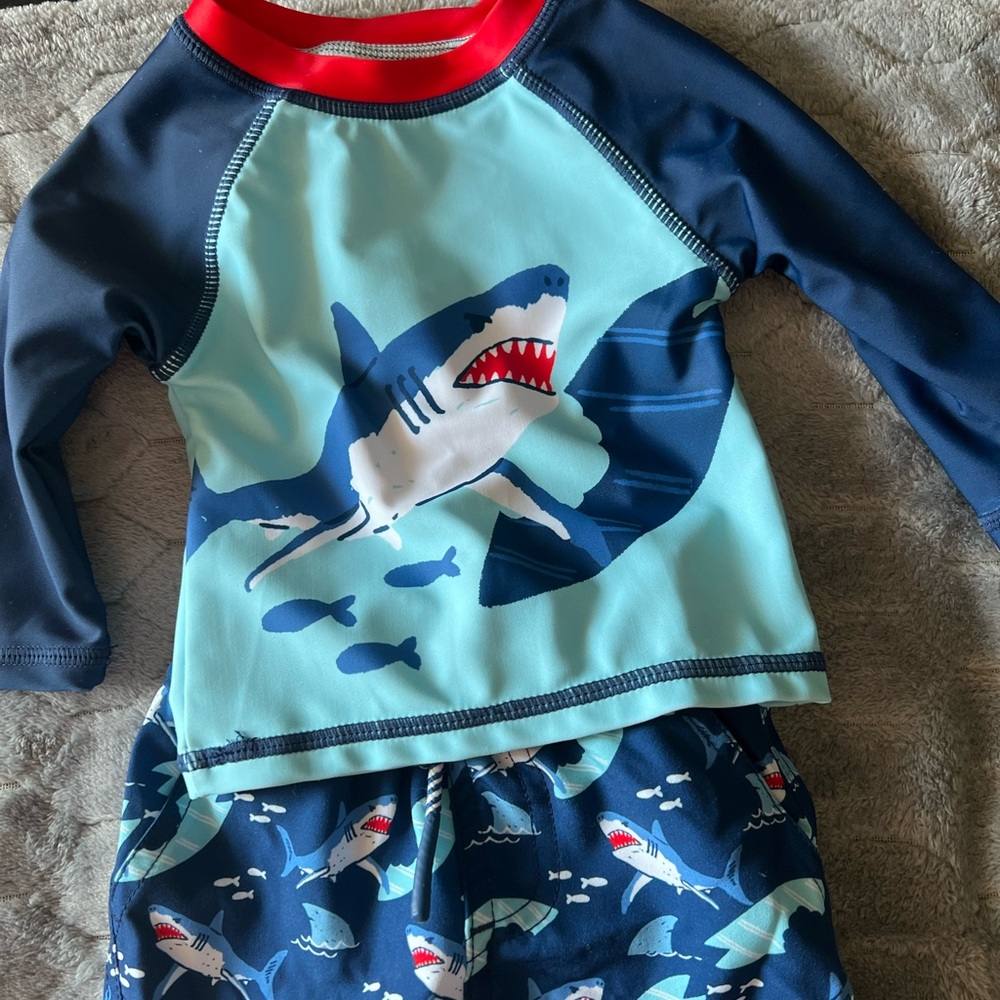 Andy & Evan Shark Print Kids Swim Set - Navy and Red